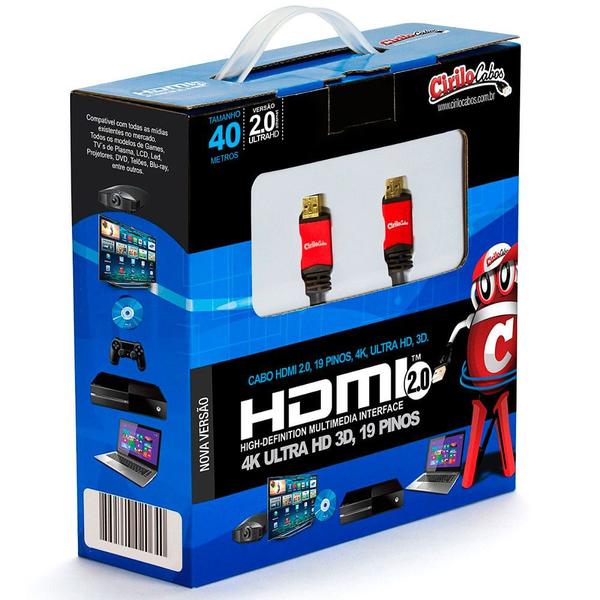 Cabo HDMI Versão 2.0, 19 Pinos, 4K, Ultra HD, 3D - 40 Metros - CIRILO CABOS Imagem de Cabo HDMI Versão 2.0, 19 Pinos, 4K, Ultra HD, 3D - 40 Metros