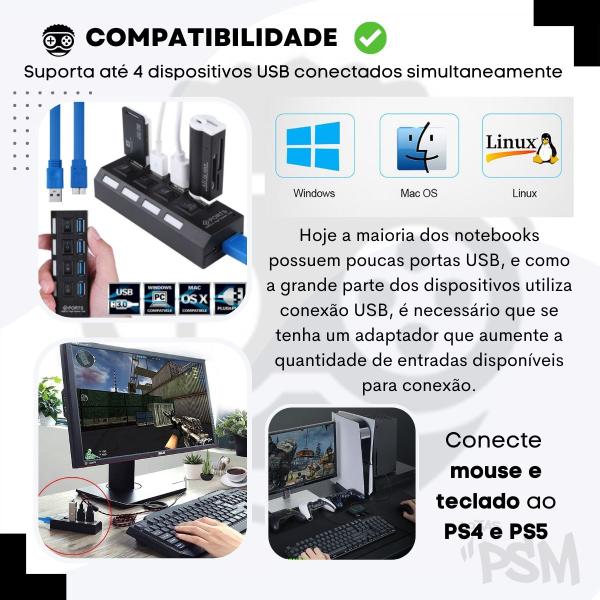 Imagem de Cabo Hub Usb 4 Portas 3.0 Divisor Régua Adaptador Aumentar Entradas Extensão Conversor Com Botão