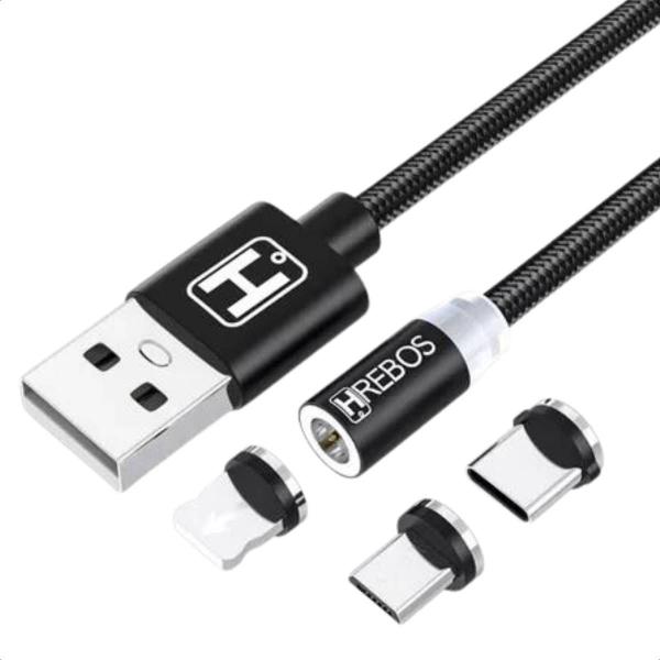 Imagem de Cabo Magnetic 3 em 1 Micro-USB V8, Type-C, Lightning 1 Preto 