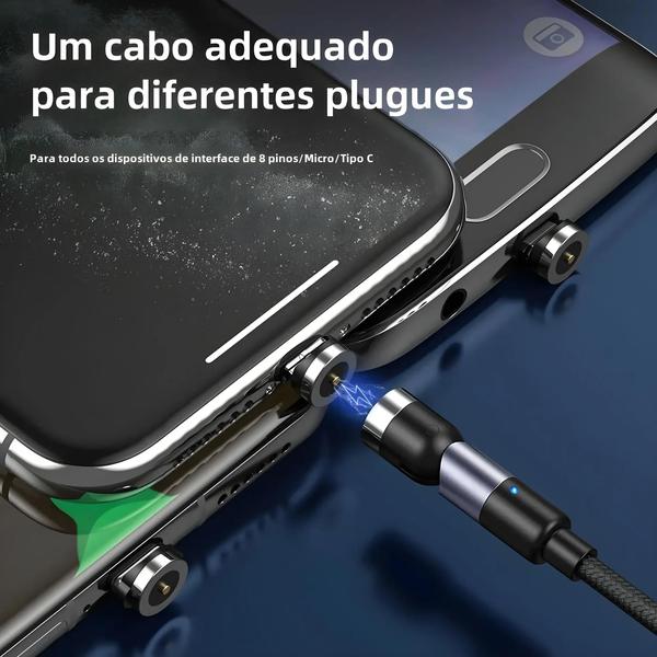 Imagem de Cabo Magnético 3 em 1 com Rotação 540° - Conectores Micro USB, Tipo C e Lightning