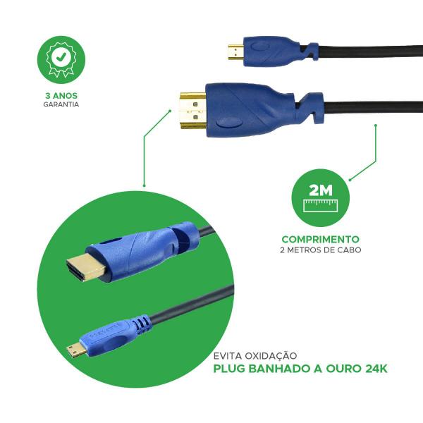 Imagem de Cabo Micro Hdmi X Hdmi 2 Metros 2.0 19p 4k Live Câmera Dslr