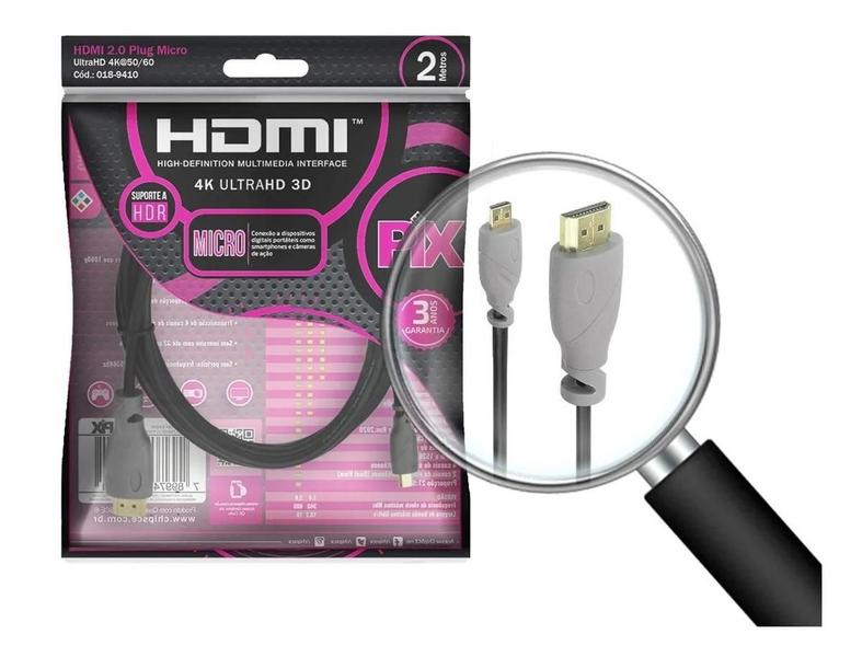 Imagem de Cabo Micro Hdmi X Hdmi Blindado Pro 2.0 Ethernet 4k 2 Metros