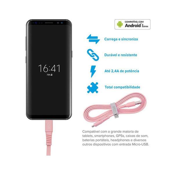 Imagem de Cabo Micro USB I2GO Flexível Basic Flat Rosa 1,2m