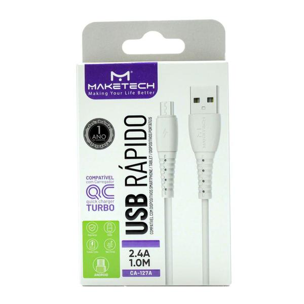 Imagem de Cabo Micro USB Maketech CA 127A Branco 2.4A 1 Metro