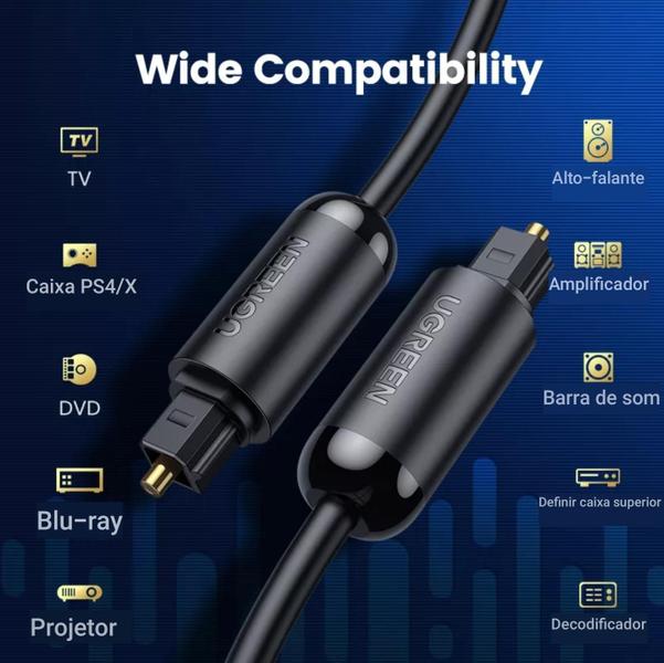 Cabo Óptico Áudio Digital Toslink Spdif Fibra Ótica 2 Metros - Ugreen Imagem de Cabo Óptico Áudio Digital Toslink Spdif Fibra Ótica 2 Metros