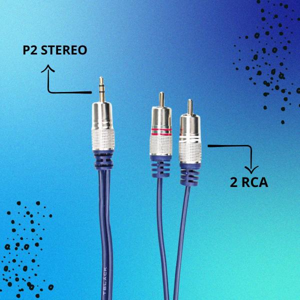 Imagem de Cabo P2 Stereo + 2rca Metal Profissional - Cabo Azul - 2m