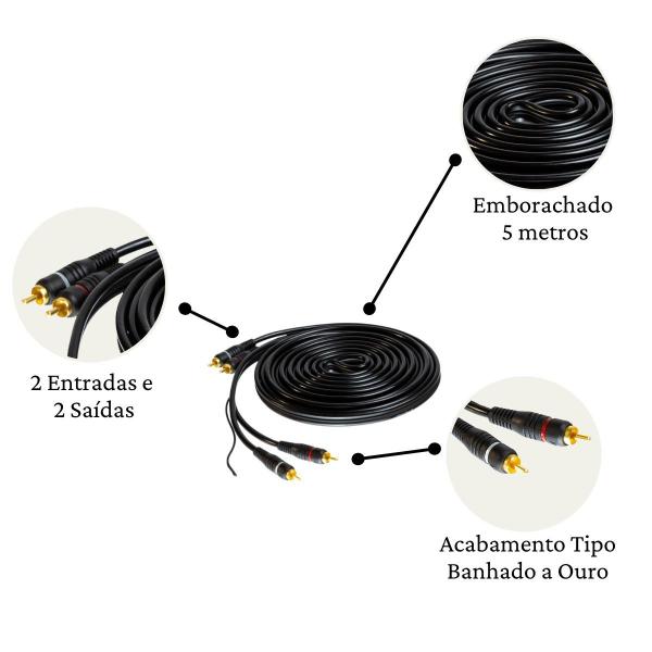 Imagem de Cabo Rca 5 Metros Reforçado Plugs Banhados a Ouro Com 2 Cabos Y 2M 1F Para Modulo Amplificador Mono Blindagem