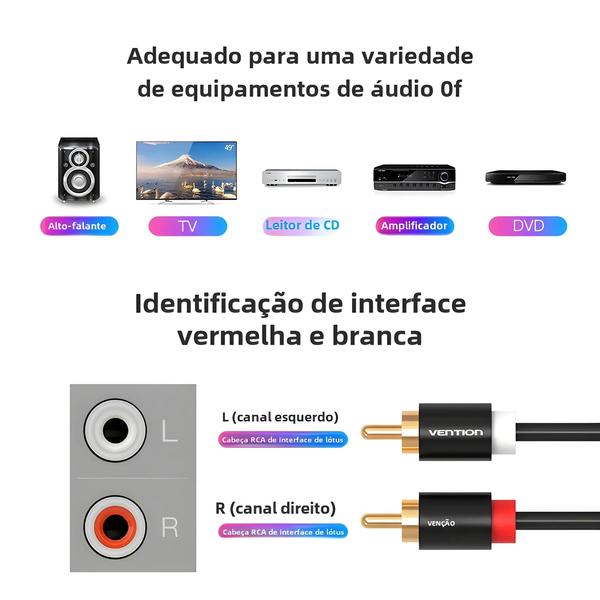 Imagem de Cabo Rca Para Rca Banhado A Ouro, Áudio Macho Para Macho Para Amplificador De Dvd De Home Theater Tv