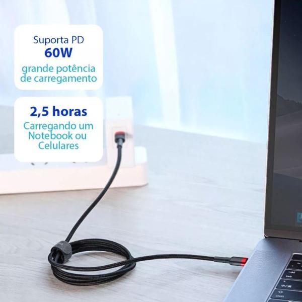 Cabo Turbo Duplo Tipo C Baseus 60w 20v 3a 2 Metros Preto Imagem de Cabo Turbo Duplo Tipo C Baseus 60w 20v 3a 2 Metros Preto