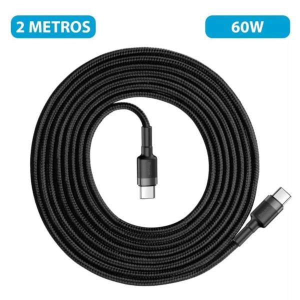 Cabo Turbo Duplo Tipo C Baseus 60w 20v 3a 2 Metros Preto Imagem de Cabo Turbo Duplo Tipo C Baseus 60w 20v 3a 2 Metros Preto