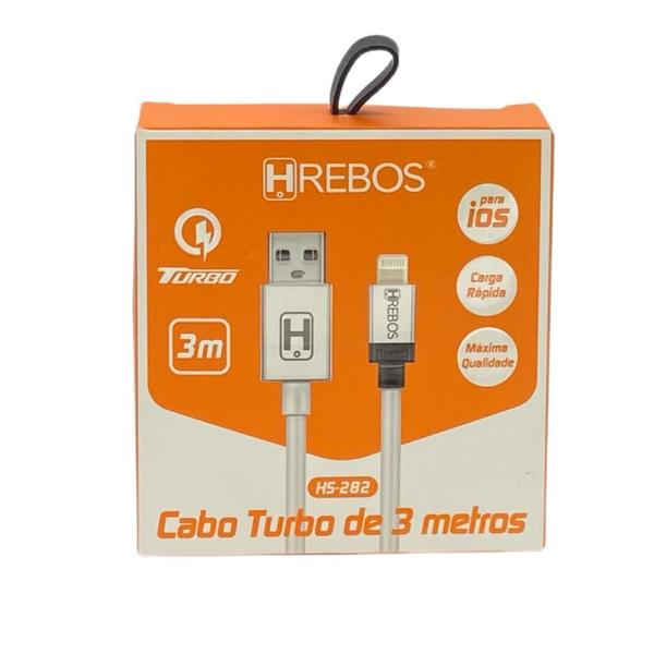 Cabo Turbo USB Para Lightning 3 Metros Branco Hrebos HS-282 Imagem de Cabo Turbo USB Para Lightning 3 Metros Branco Hrebos HS-282