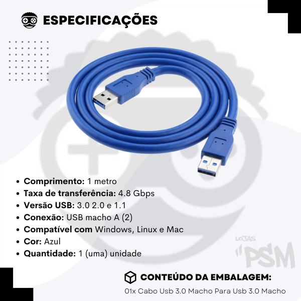 Imagem de Cabo Usb 3.0 Macho x Macho Nas Duas Pontas Extensor 1 metro Notebook PC Impressora HD Externo