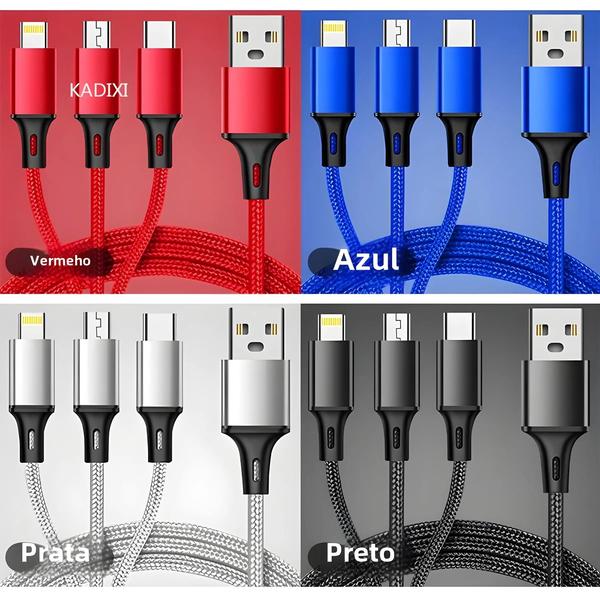 Imagem de Cabo USB 3 em 1 com Carregamento Rápido - Tipo C, Micro USB e IOS - Trançado de Nylon