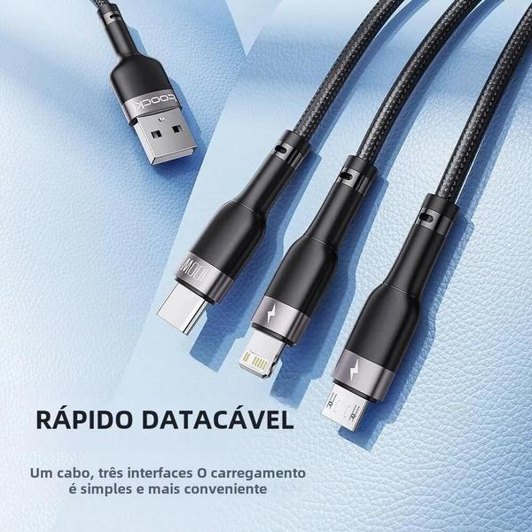 Imagem de Cabo USB 3 em 1 Toocki 100W - Carregamento Rápido para iPhone 14/13/12, Huawei, Xiaomi e Oppo