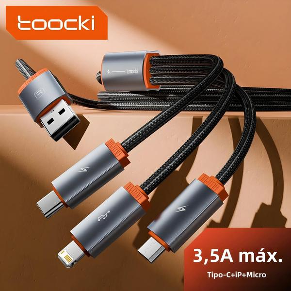 Imagem de Cabo USB 3 em 1 Toocki - Carregamento Rápido para iPhone, Huawei e Xiaomi