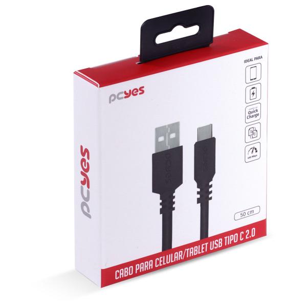 Imagem de Cabo USB a 2.0 para USB Tipo C para Celular Smartphone 50CM Preto - PUACP-05