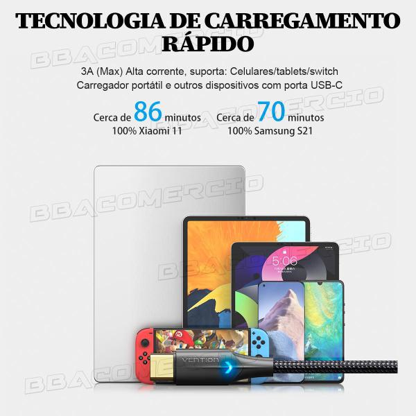 Imagem de Cabo Usb C 1m Tipo C Usb C com Led Curto Pequeno Turbo 3a