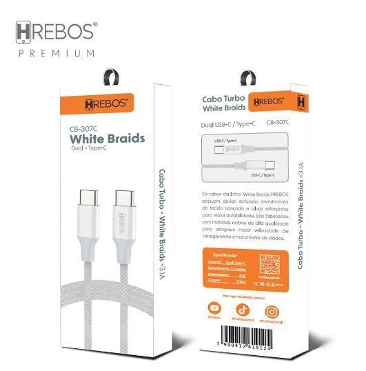 Imagem de Cabo USB-C Dual Tipo-C Reforçado Hrebos Premium White Braids 1.2 m