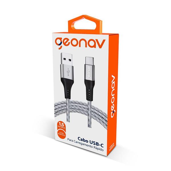 Cabo USB-C p/ USB-A 1,5m Nylon Trançado Cinza Carga Rápida - GeoNav Imagem de Cabo USB-C p/ USB-A 1,5m Nylon Trançado Cinza Carga Rápida