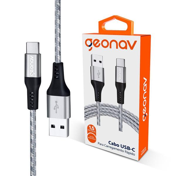 Cabo USB-C p/ USB-A 1,5m Nylon Trançado Cinza Carga Rápida - GeoNav Imagem de Cabo USB-C p/ USB-A 1,5m Nylon Trançado Cinza Carga Rápida