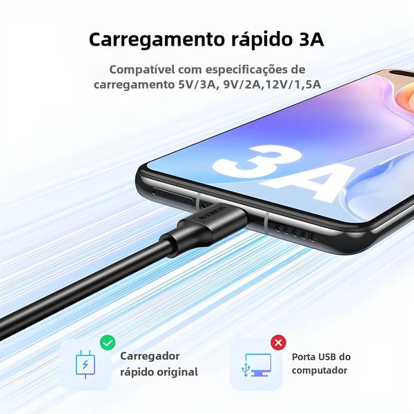 Imagem de Cabo USB-C para Carregamento Rápido (3A) - iPhone 15, Samsung S23, Xiaomi 11 Pro e mais - Ugreen