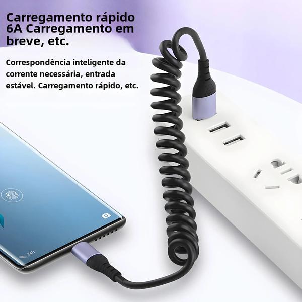 Imagem de Cabo USB-C para USB-C de 25cm a 1m - Carregamento Rápido 6A - Cabo de Dados com Mola para Carro e iPhone