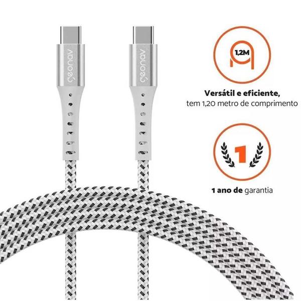 Imagem de Cabo USB-C Para USB-C Geonav 1,2m Branco Nylon Trançado