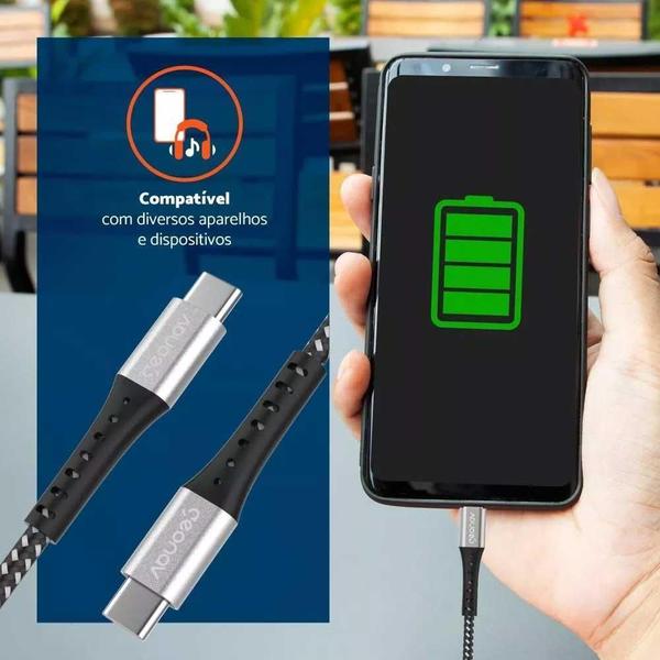 Imagem de Cabo USB-C para USB-C Geonav 1,2m Nylon Trançado Preto 1,20m