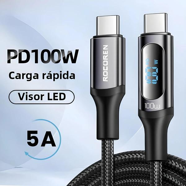 Imagem de Cabo USB-C PD 100W com Display LED - Carregamento Rápido 5A (2m) - Compatível com Macbook, Xiaomi, Poco e Samsung