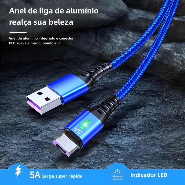 Imagem de Cabo USB Micro-USB com LED - Carregamento Rápido 5A para Huawei, Samsung, Xiaomi e Outros Android