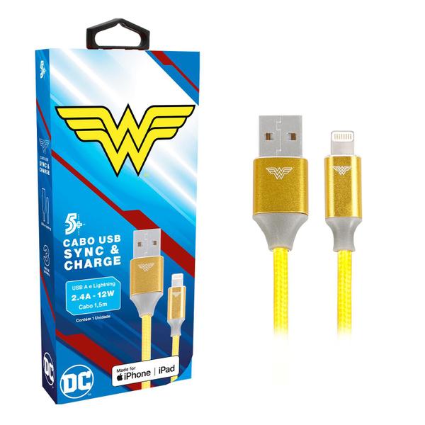 Imagem de Cabo usb para lightning dc mobile mulher maravilha 1.50mt 2.4a 12w 5+ 