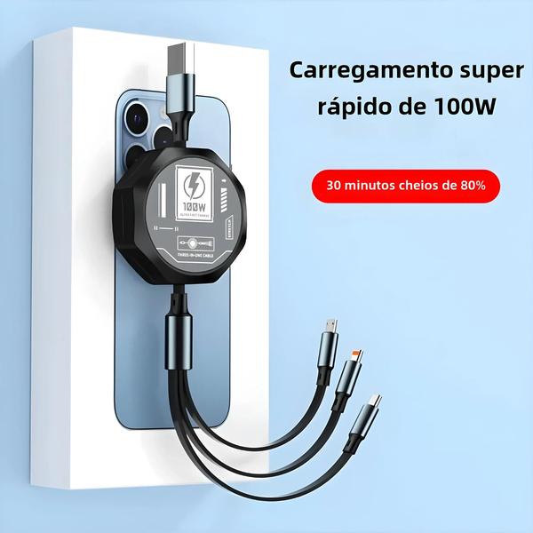 Imagem de Cabo USB Retrátil 3 em 1 (100W) - Carregamento Rápido para iPhone, Android e Xiaomi