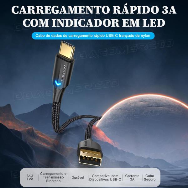 Imagem de Cabo Usb Tipo C Carregamento Turbo 3a Reforçado com Led 1M