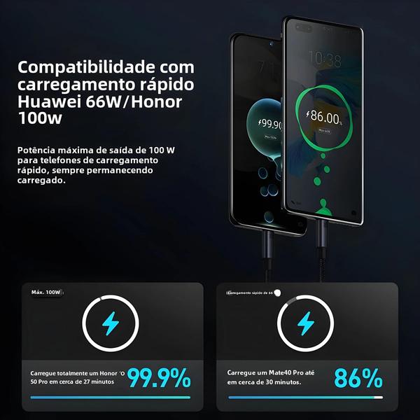 Imagem de Cabo USB Tipo C de Carregamento Rápido (66W/100W) para Huawei P50/P40 Pro/Honor - Super Charge 6A