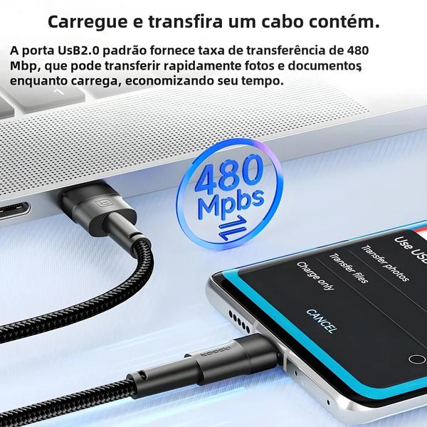 Imagem de Cabo USB Tipo C para Carregamento Rápido (3A) - 1m e 2m - Realme, Xiaomi, Samsung, iPad e Poco (2 Unidades)