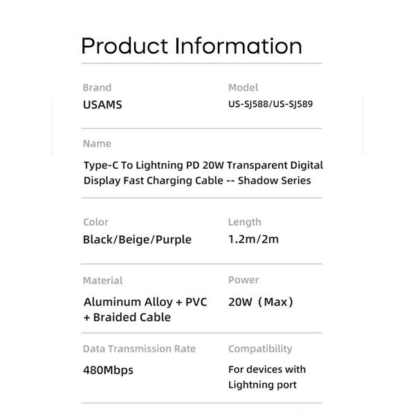 Imagem de Cabo Usb Usams Usb C pra Lightning Pd 20W 2 Metros Preto