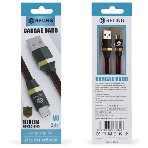 Imagem de Cabo V8 Usb de Carregamento e Dados 2.4A 1 Metro RE-CBO-6105 - Reling