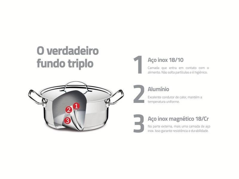 Imagem de Caçarola tramontina professional funda em aço inox fundo triplo com tampa plana detalhe satinado 20 cm 3,6 l