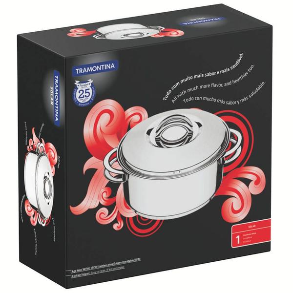 Caçarola Tramontina Solar Rasa 24 cm 4,7 L em Aço Inox Fundo Triplo com Tampa e Alças 62503240 - TRAMONTINA FARROUPILHA Imagem de Caçarola Tramontina Solar Rasa 24 cm 4,7 L em Aço Inox Fundo Triplo com Tampa e Alças 62503240