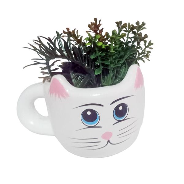 Imagem de Cachepô Caneca Vaso Gatinha Plantas Gesso Decorativo Artesanal