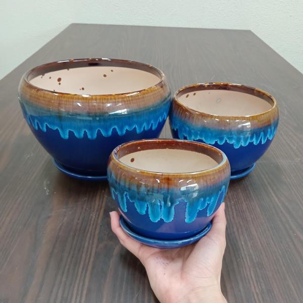 Imagem de Cachepô vaso decorativo planta cerâmica azul 3pç