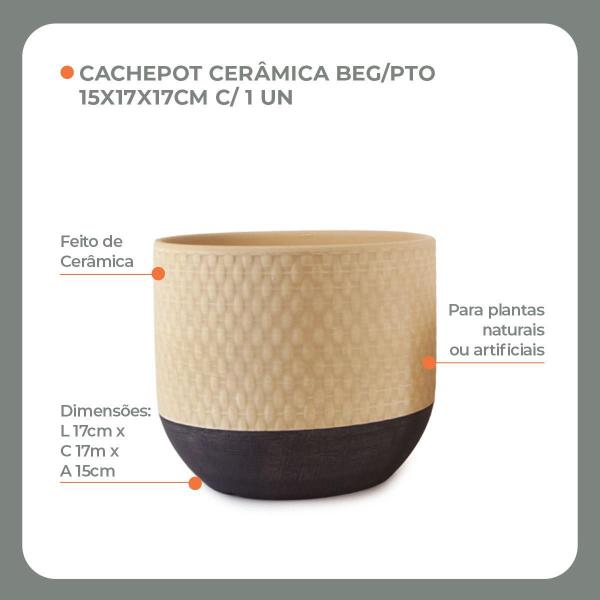 Imagem de Cachepot de Cerâmica Para Vasos de Planta Bege e Preto Com Textura 15x17x17cm 1Un