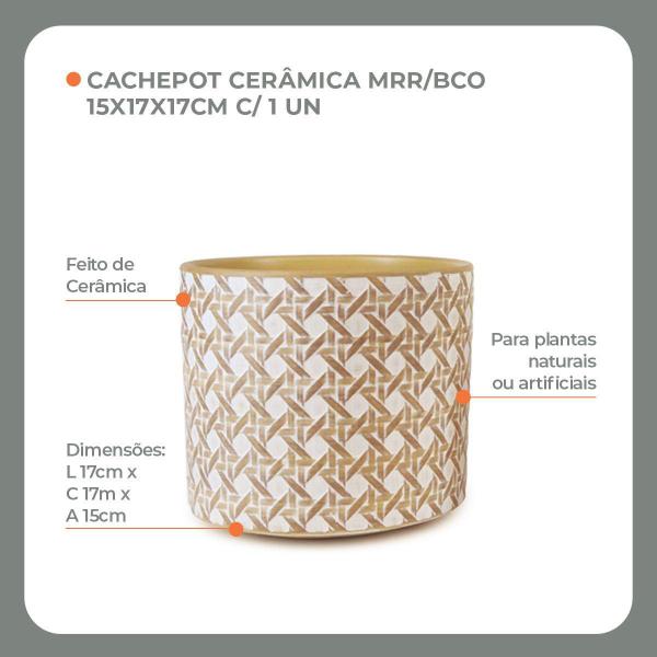 Imagem de Cachepot de Cerâmica Para Vasos de Planta Marrom e Branco Com Textura 15x17x17cm 1Un