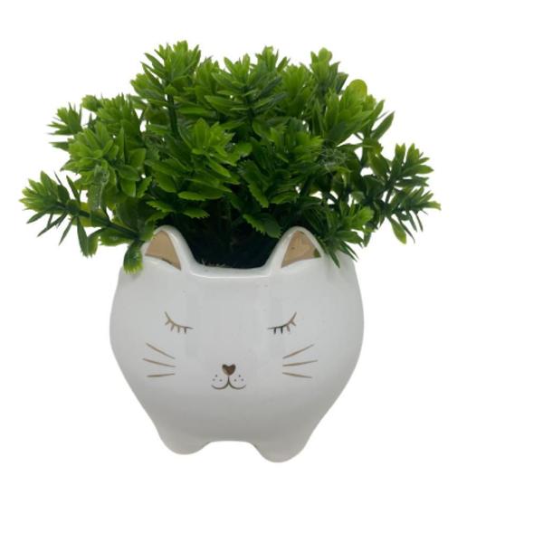 Imagem de Cachepot rosto de gatinho branco de cerâmica com planta