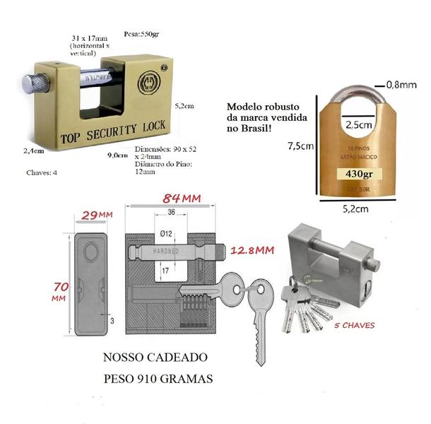 Imagem de Cadeado Grande 84mm Barra Tranversal Blindado Anti Furto 5 Chaves