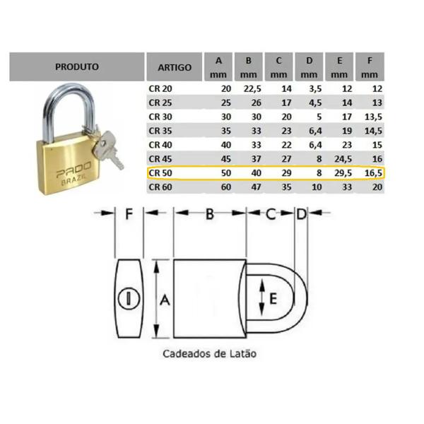 Imagem de Cadeado pado latão lt 50 mm 2 chaves maciço não enferruja resistente segurança