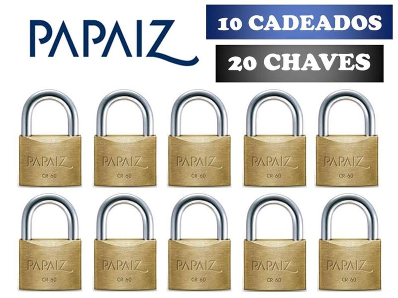 Imagem de Cadeado Papaiz 60mm Kit 10 Peças Mesmos Segredos - 20 Chaves