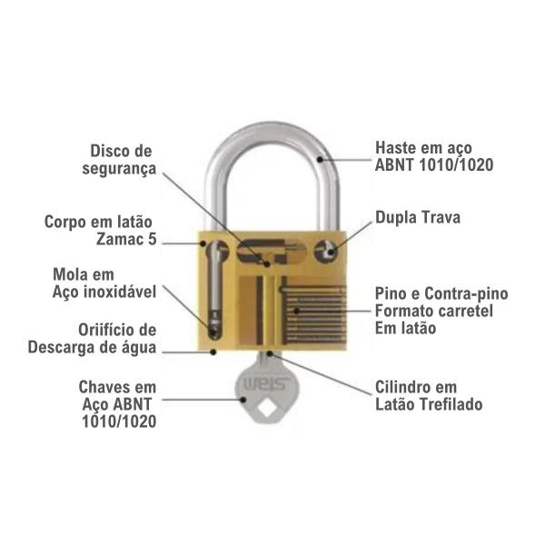 Imagem de Cadeado Stam Grande 35mm para Portão Armário Vestiário em Zamac E-Coat com Chave - Dourado