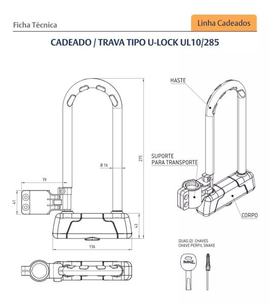 Imagem de Cadeado Trava Tipo U-lock Ul 10/285 Bicicleta Moto Papaiz