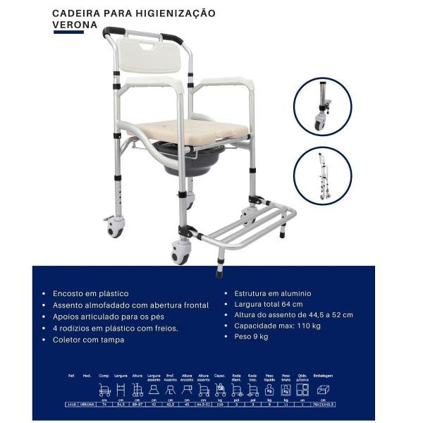 Imagem de Cadeira Banho Higiênica Dobrável Alumínio Rodas, Freio 110Kg